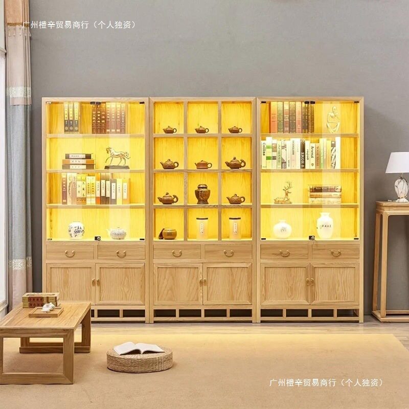 新中式实木玻璃柜玻璃门带灯陈列博古架组合多功能多层储物展示柜