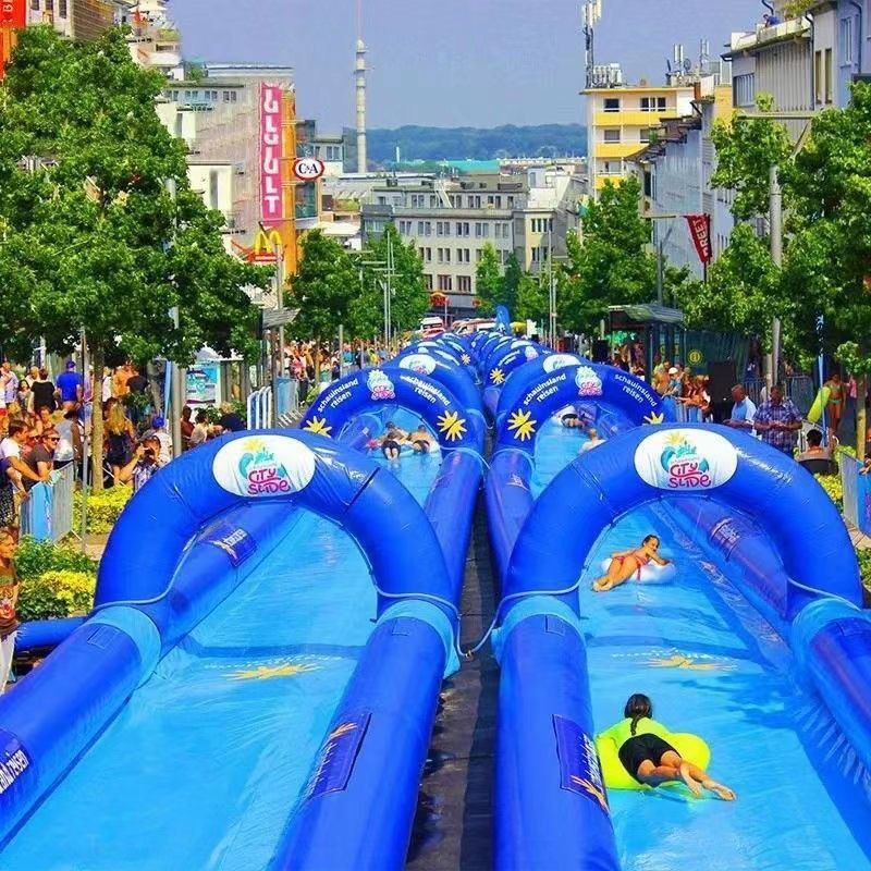 大型充气城市水滑道网红全城粉红滑梯漂流水池移动水上乐园水滑梯