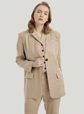 Gentle Herd 2024年美拉德春季新款女装无领单扣亚麻时尚西装外套