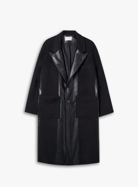 Dept Anonym男士毛呢大衣冬季新款PU拼接羊绒混纺中长款呢子外套