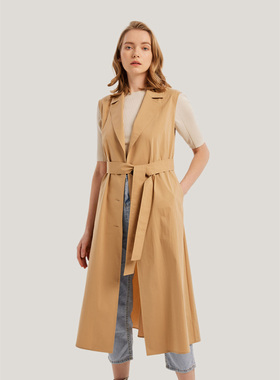 Gentle Herd 无袖长款棉质系带外套2024秋季新款风衣马甲收腰显瘦