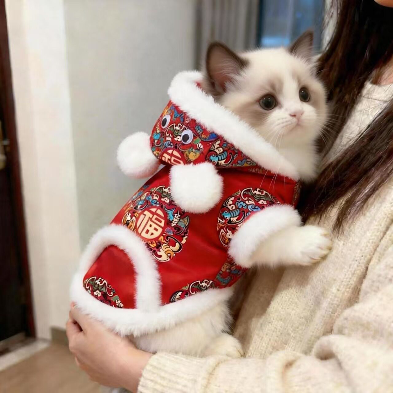 新年唐装小猫咪过年衣服秋冬季加绒英短蓝猫宠物狗狗喜庆拜年棉衣