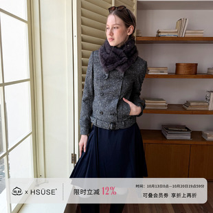 HSUSE曙色秋冬新款千鸟格羊毛混纺夹克女双排厚款修身毛呢外套