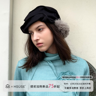 HSUSE曙色春秋冬可变形堆褶流浪报童帽女保暖护耳毛领格纹毛绒帽
