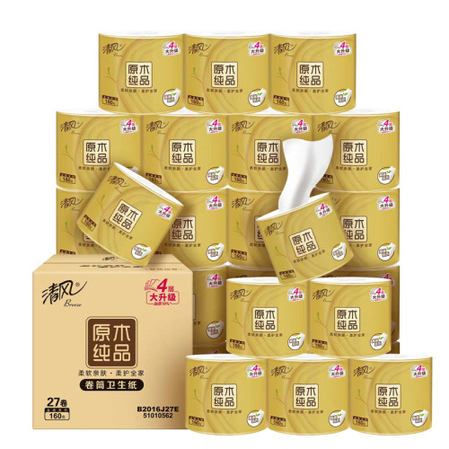 清风160克卷纸27卷4层金装系列有芯厕纸家用卫生纸整箱实惠装