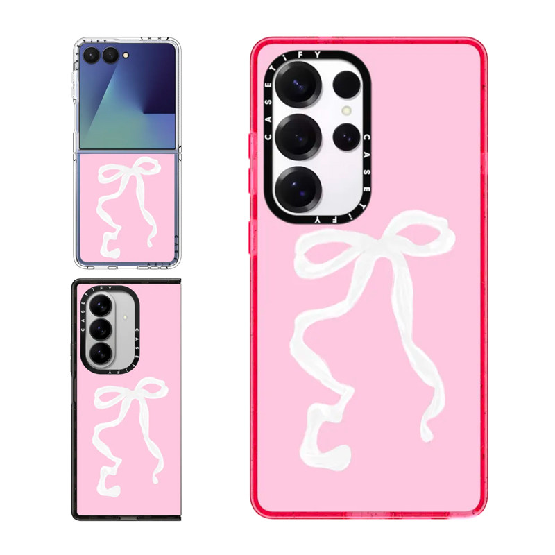 现货CASETiFY粉色底彩绘丝带蝴蝶结适用于三星S24/S25 Ultra手机壳Z Flip7/Z Fold 6/5时尚甜美轻奢保护套s23