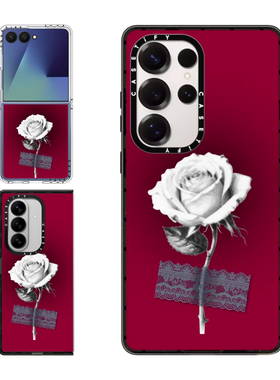 现货CASETiFY带蕾丝的白色玫瑰酒红底适用三星S24/S25 Ultra手机壳Z Flip7/Z Fold 6/5时尚小众高端保护套s23