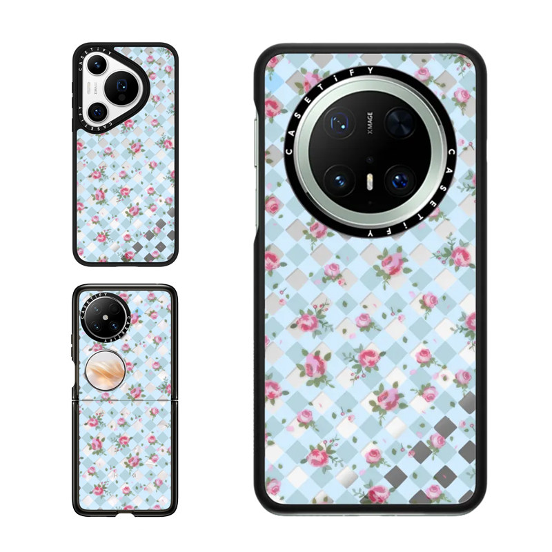 现货CASETiFY花卉格子布蓝色适用华为Pura 80 Pro手机壳Ultra/Pocket 2折叠Mate70Pro+小清新ins风春天保护套