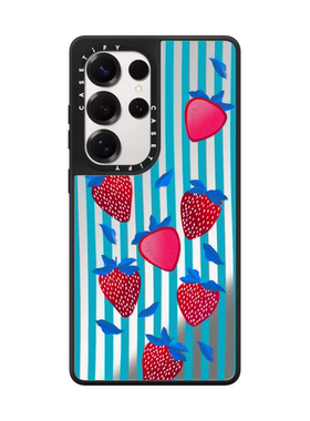 现货CASETiFY草莓之悦蓝色条纹适用于三星S24/S25 Ultra手机壳Z Flip7/Z Fold 6/5创意潮牌高端防摔保护套s23