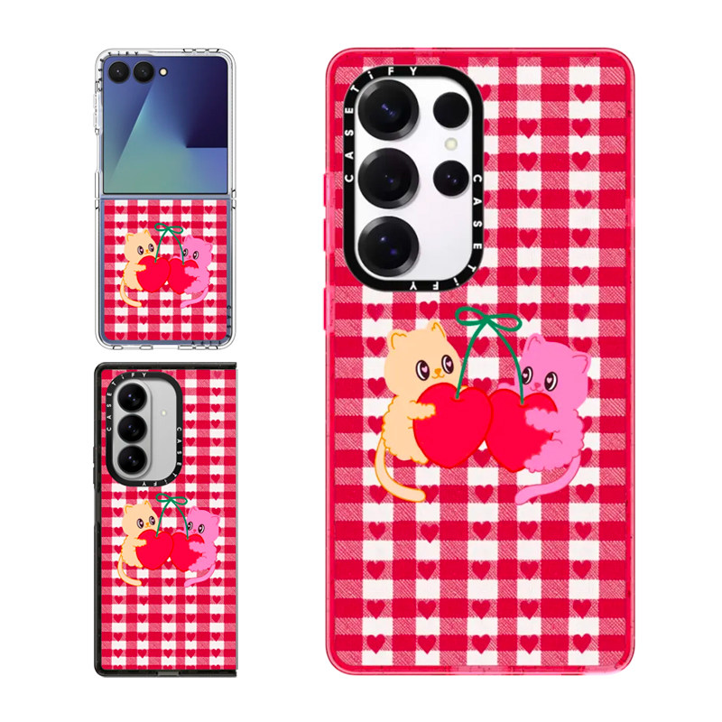 现货CASETiFY樱桃猫咪红色爱心格纹适用于三星S24/S25 Ultra手机壳Z Flip7/Z Fold 6/5时尚小众轻奢保护套s23