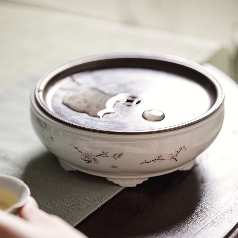 手工铜片双层蓄水六鼎手绘小碎花壶承文人雅器干炮台茶盘功夫茶具