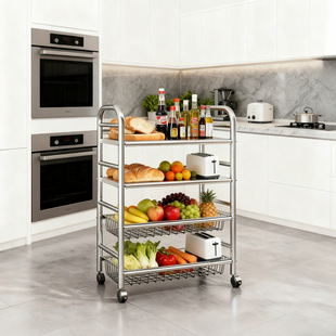 不锈钢厨房置物架加厚厨房多层移动货架蔬菜家电收纳架加粗带滑轮