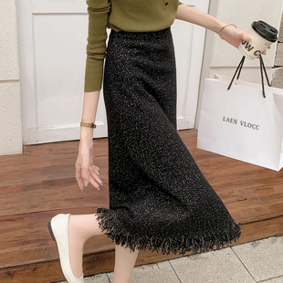 法式毛呢流苏半身裙女中长款裙子秋冬小香风 a字裙遮肉显瘦包臀裙