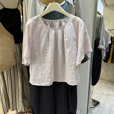 2025夏季新款韩版时尚圆领短袖套头衬衫女宽松显瘦纯色亚麻小衫