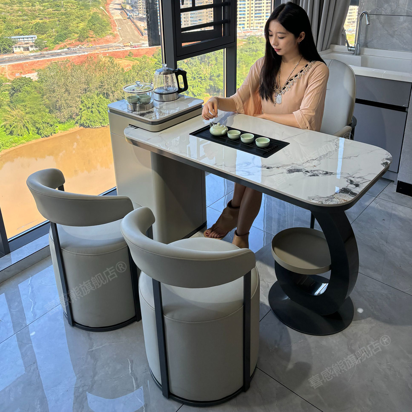 2025新款阳台茶桌椅组合轻奢高级感办公室泡茶一体岩板高端接待桌