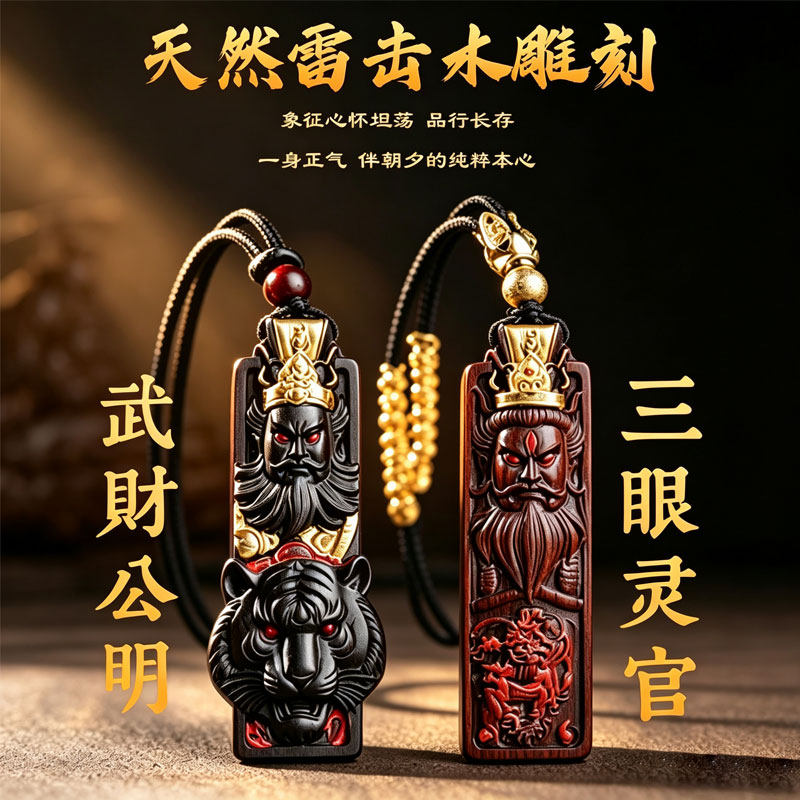天然雷击枣木赵公明吊牌双面精雕国风文玩随身佩戴平安项链木雕刻