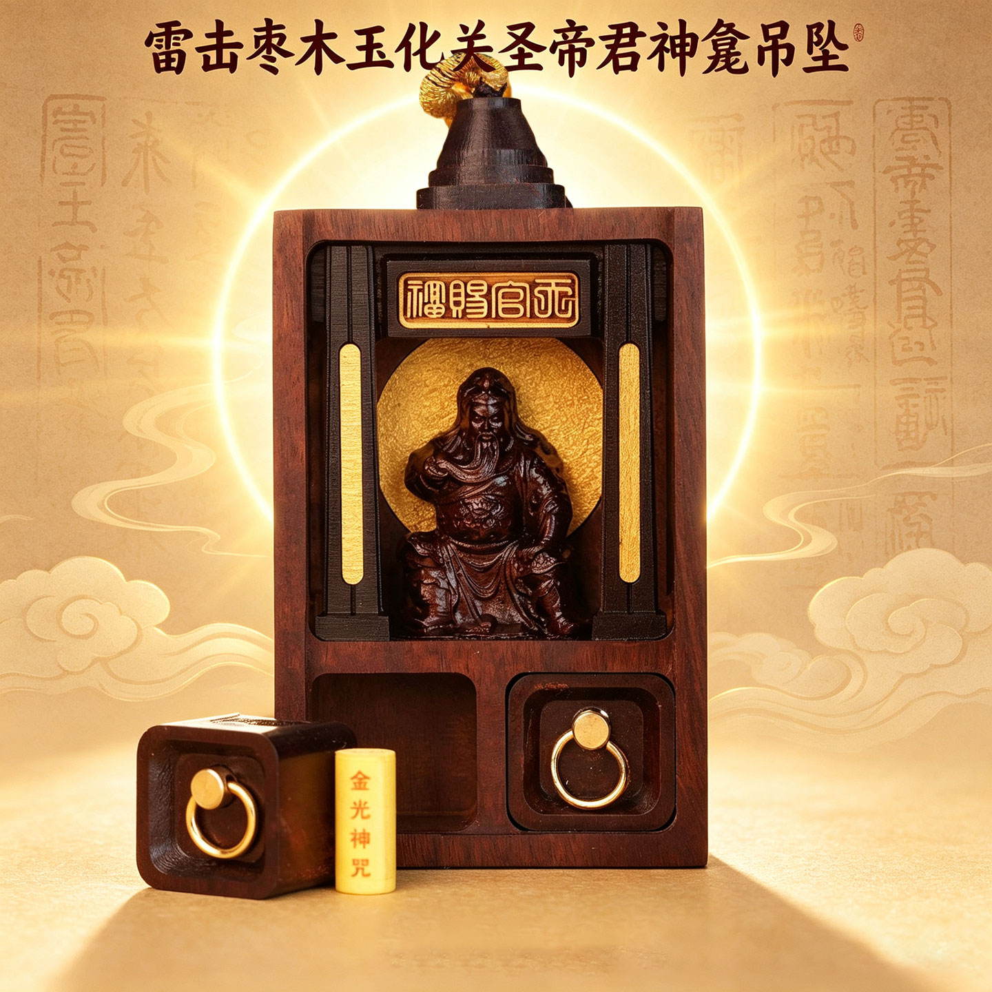 雷击枣木玉化关圣帝君神龛吊坠