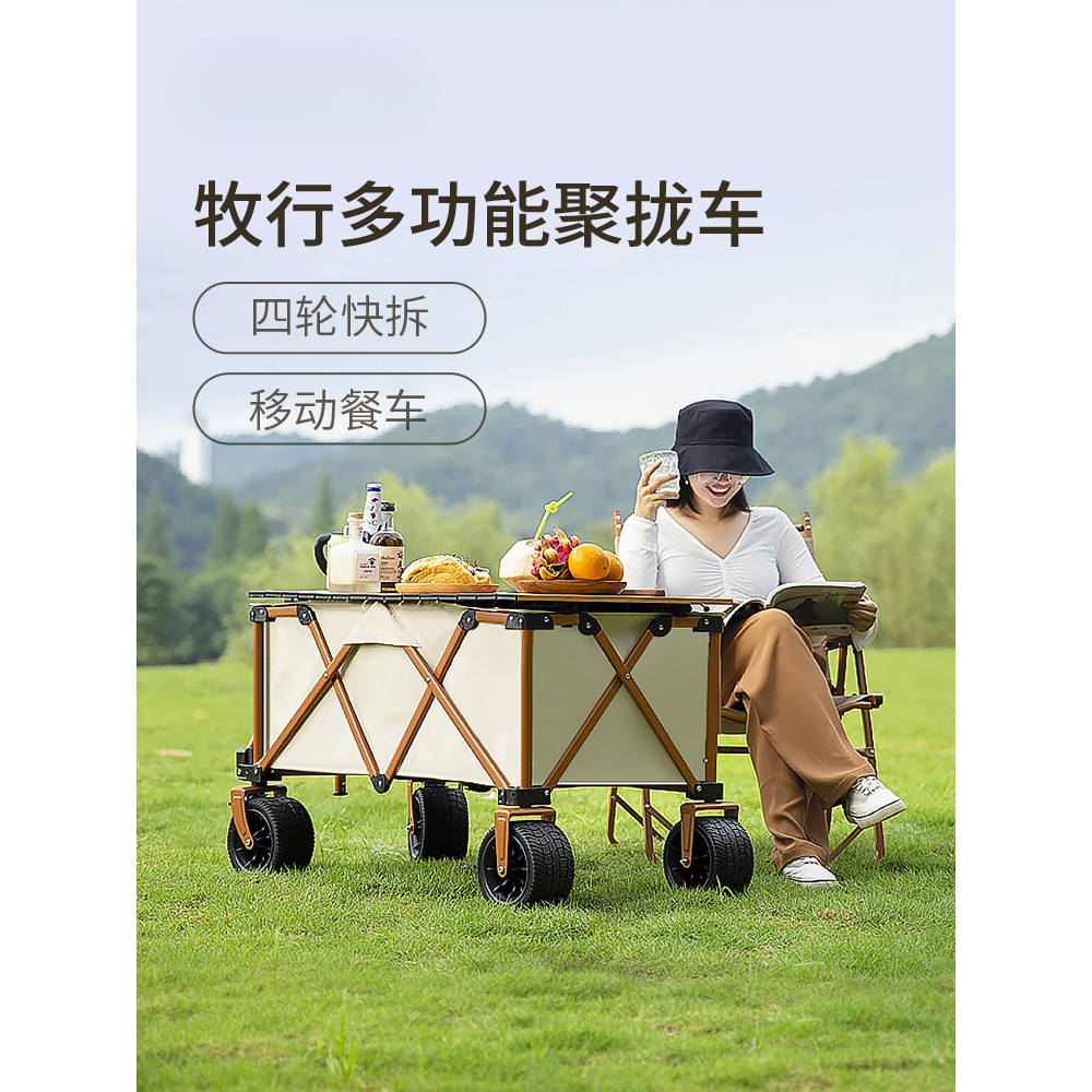 户外露营推车折叠营地车户外野餐桌板手拉拖车儿童可躺遮阳棚推车