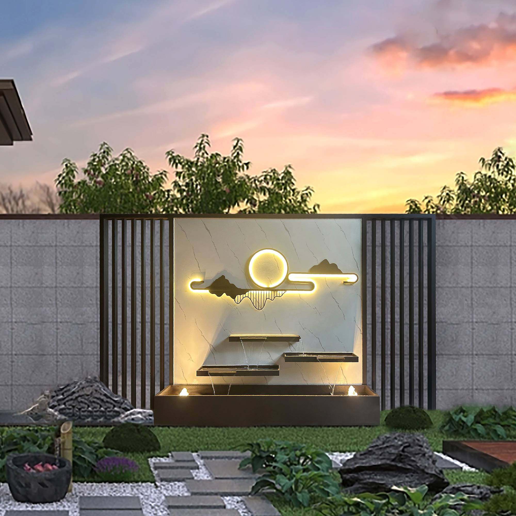 定制户外园林庭院小区新中式深咖色不锈钢流水屏风隔断影壁水幕墙