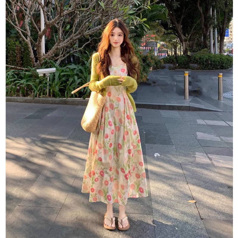 2025新款法式高级感长裙小个子绿色碎花吊带洋装子两件式套装女夏