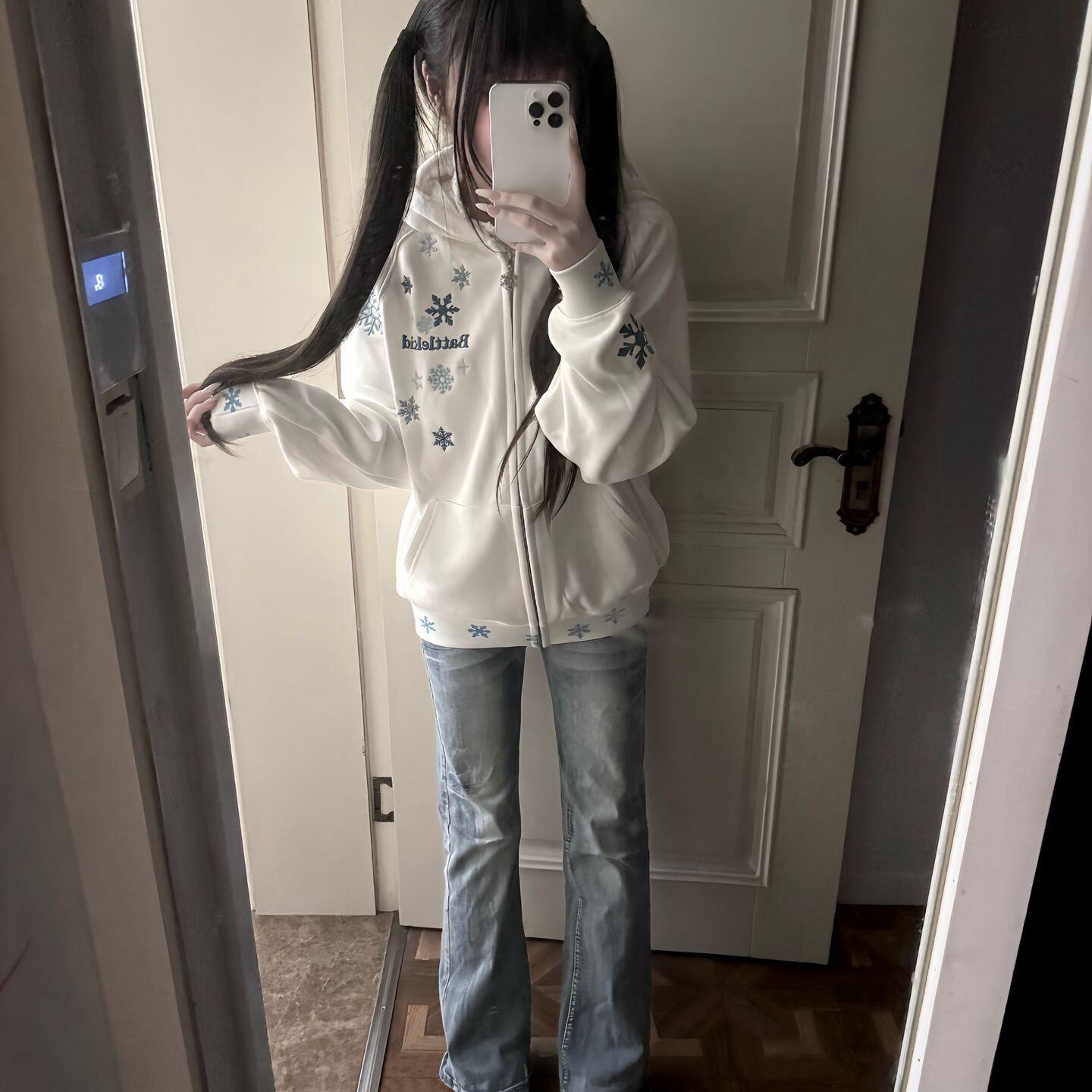 美式高街雪花刺绣开衫连帽卫衣女2026年春季加绒情侣百搭休闲外套