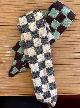 butai iki 棉质手工钩针棋盘格纹短款围巾围脖秋冬两色男女同款