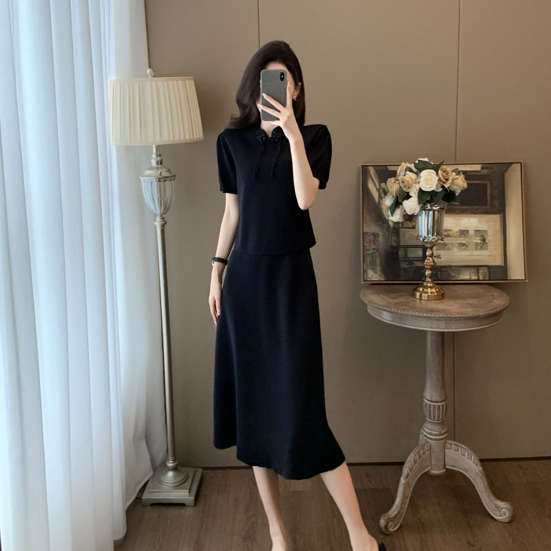高级感小洋装休闲时尚套装夏季黑色国风短袖上衣半身裙两件套女装