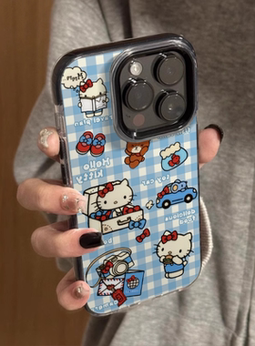 韩系ins风蓝色格子kt适用苹果手机壳16promax全包防摔15pro小众HelloKitty高级感iPhone14女生13黑边手机壳12