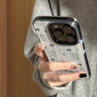 韩系ins风蓝色条纹可爱小猫咪适用苹果手机壳16pro全包边女生防摔软壳15promax简约小众iPhone14创意卡通新款