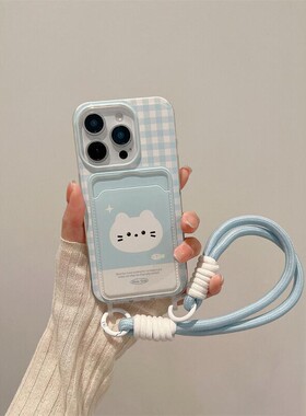 格纹猫咪适用iphone15promax苹果14pro可爱卡通新款13韩系ins风xr全包防摔12新款挂绳plus11高级感女生手机壳