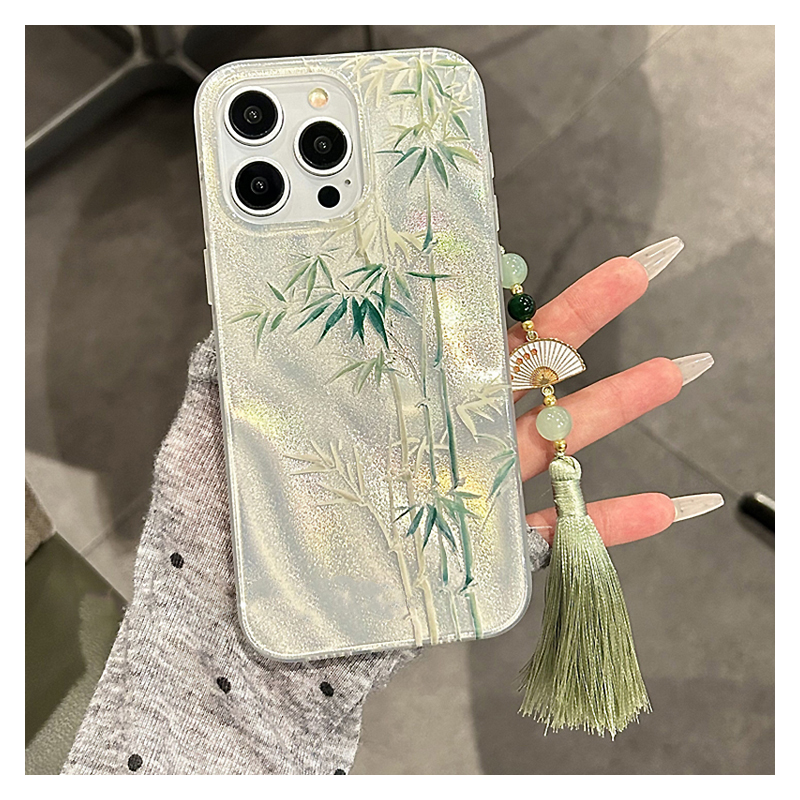 绿色竹子羽纱链条高级感手机壳