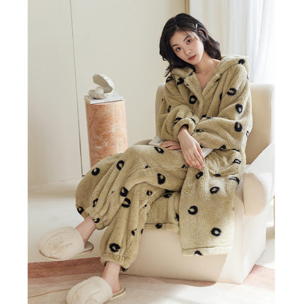 MMOPTION睡衣女款冬天珊瑚绒加厚中长款睡袍可外穿家居服