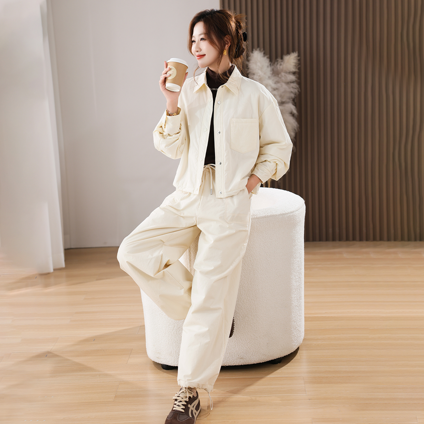 韩系早秋穿搭套装休闲加厚棉服女