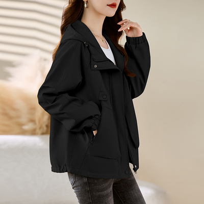 黑色连帽短款风衣外套高级感上衣