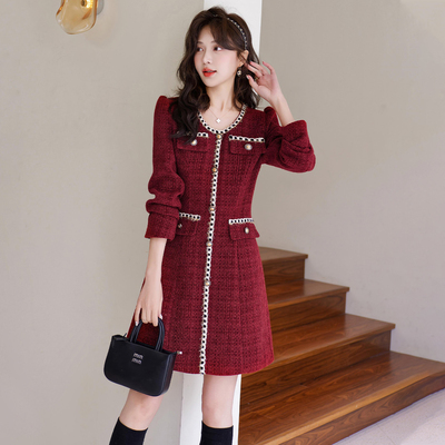 高级感法式红连衣裙收腰显瘦气质