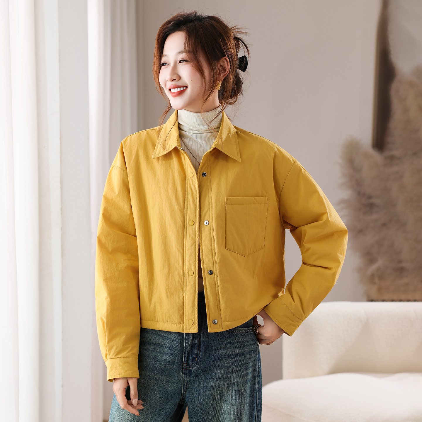 黄色棉服小个子女休闲风棉衣外套