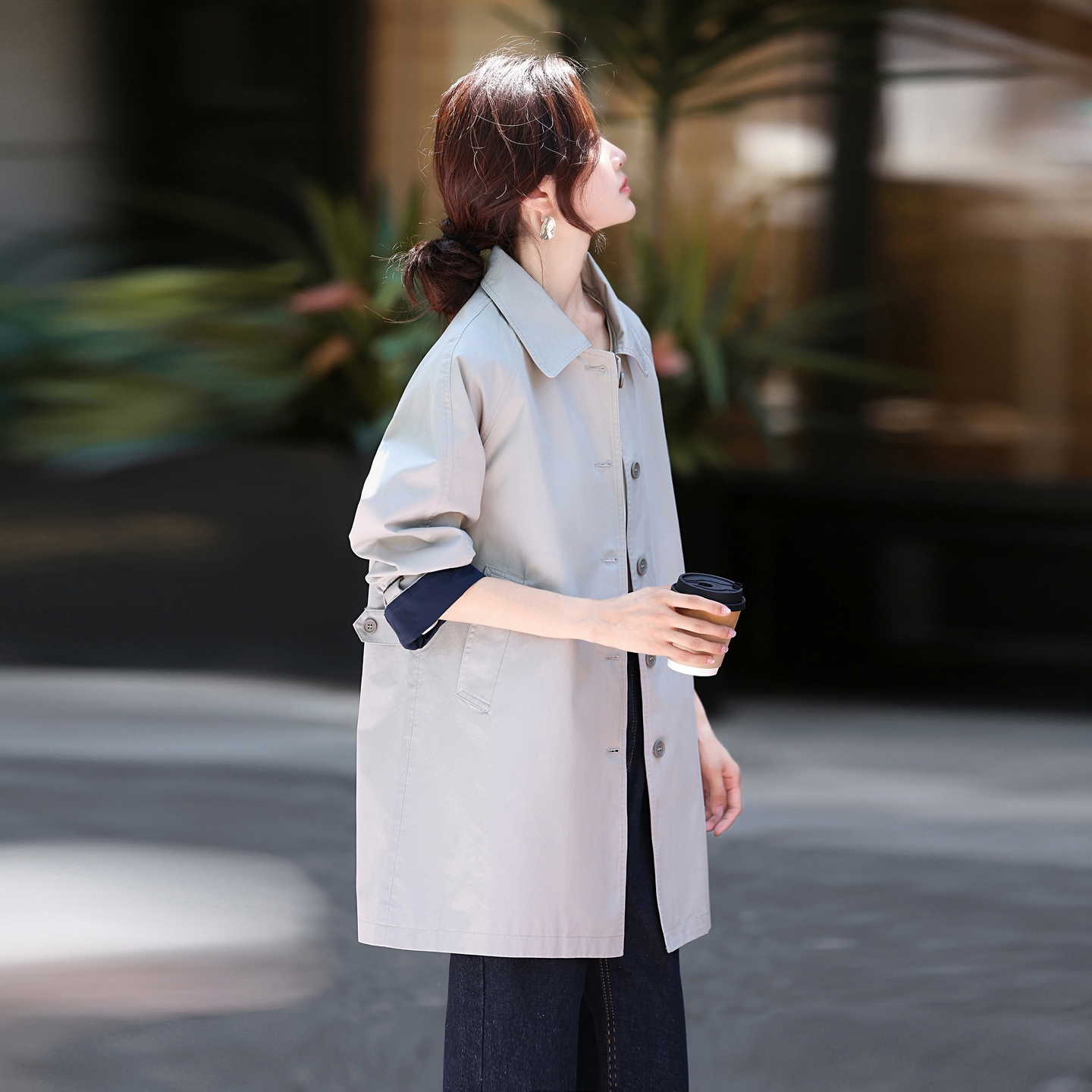 英伦风翻领中长款风衣小个子外套