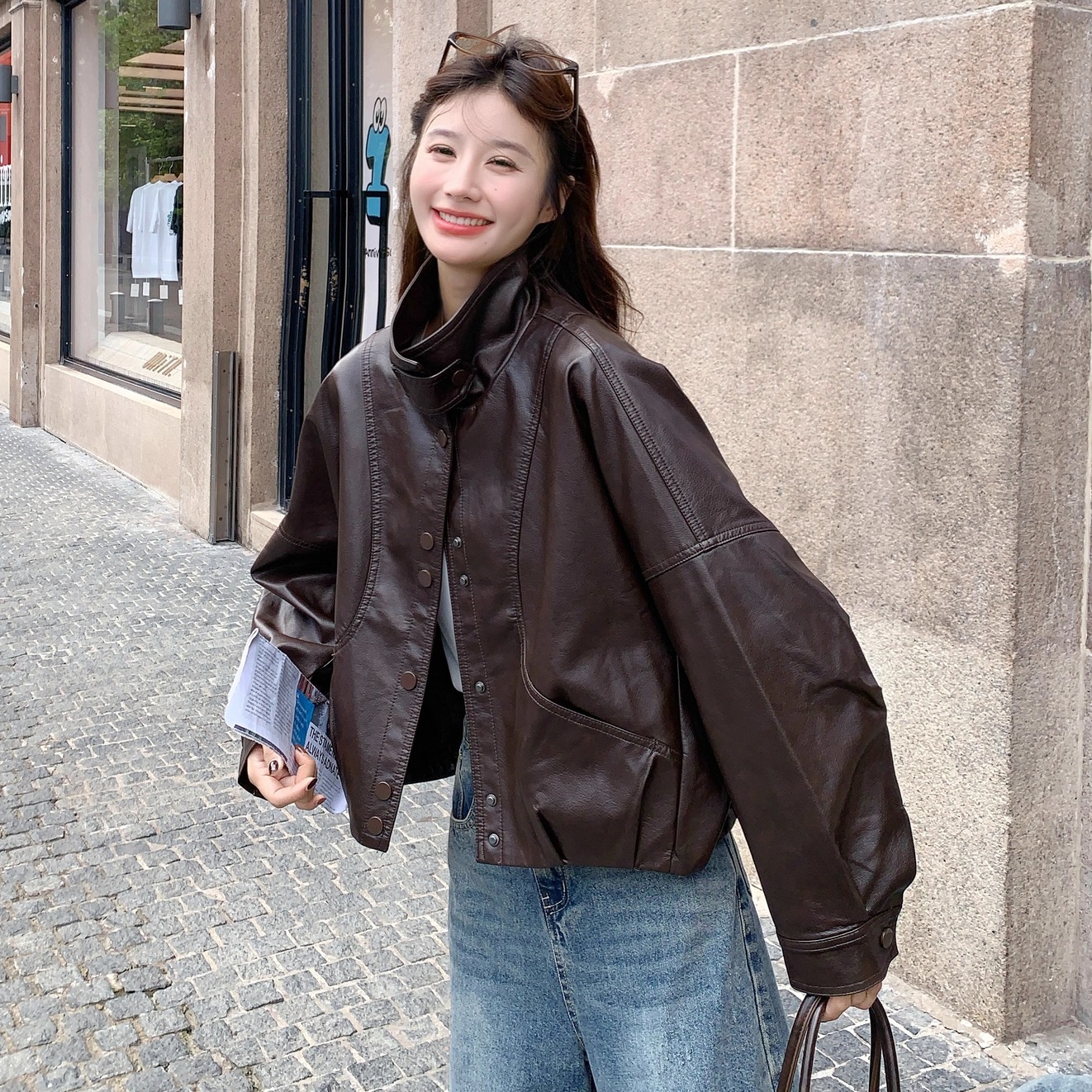 复古美拉德棕色皮衣短外套女上衣