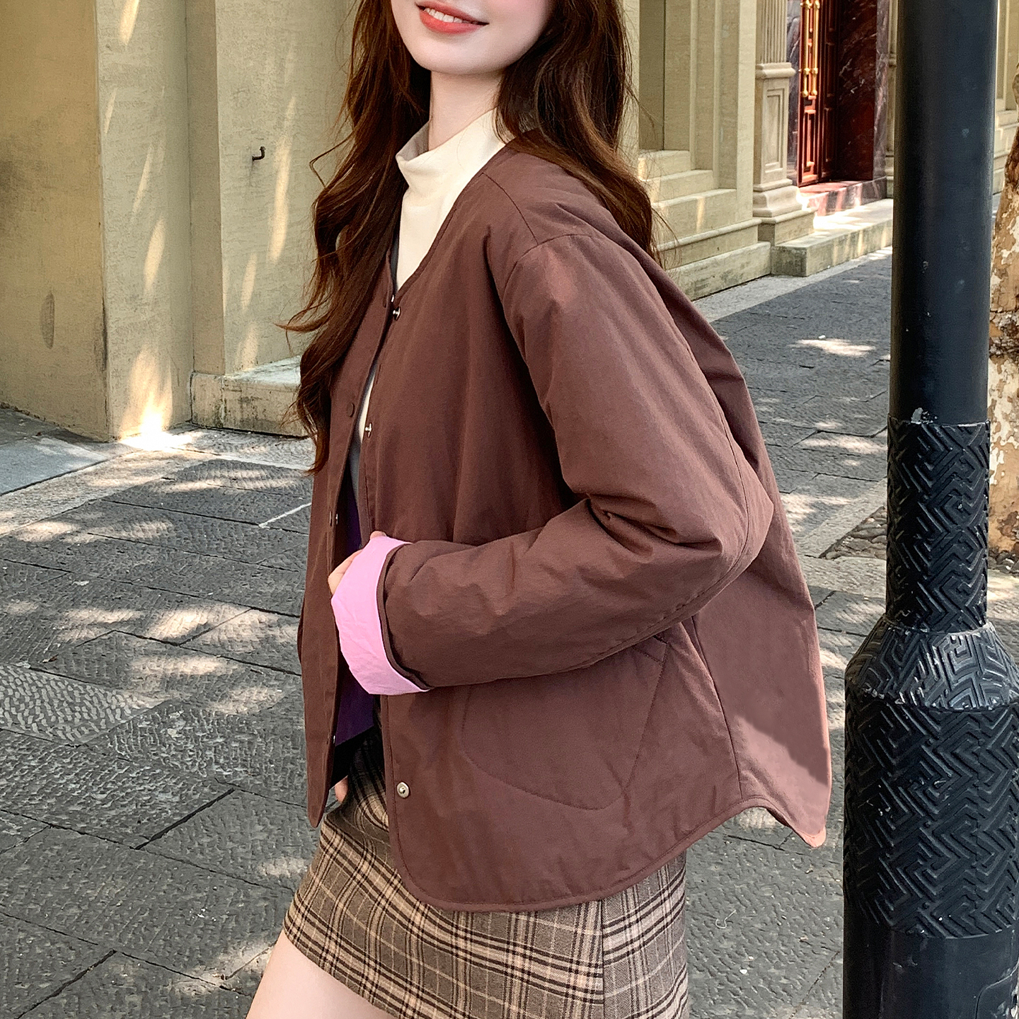 棕色棉服短款宽松夹棉外套秋上衣