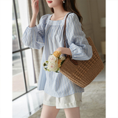 复古时尚 上衣 灯笼袖 条纹衬衣法式 100%纯棉方领衬衫 2024春夏款