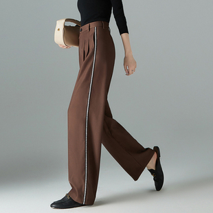 知性通勤风休闲裤女2025春季新款飒爽感撞色织带宽松藏肉长裤