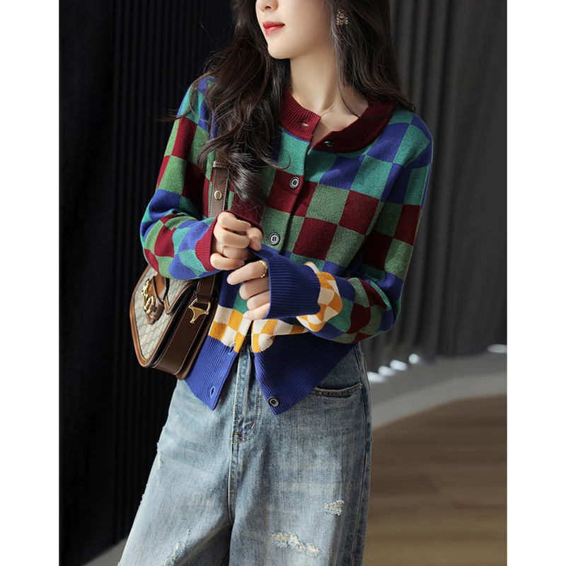 复古减龄千鸟格拼接线衫