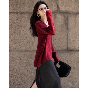 新年红 静奢针织衫 法式 24春秋款 松弛显瘦松紧腰带上衣 V领线衫