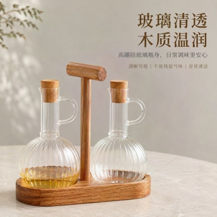 木塞玻璃油醋壶双瓶套装厨房调味酱料分装瓶木头底座套装图片