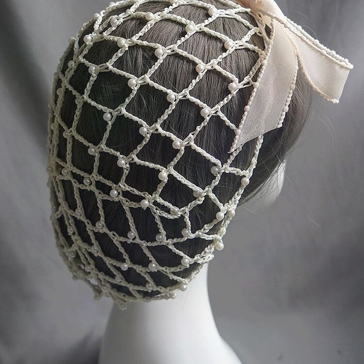 小众欧美复古蝴蝶结珍珠帽兜vintage法式盘发造型发网黑色