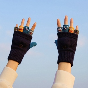 手套创意手工翻盖毛线手套女秋冬季韩版保暖可爱半指露指学生写字