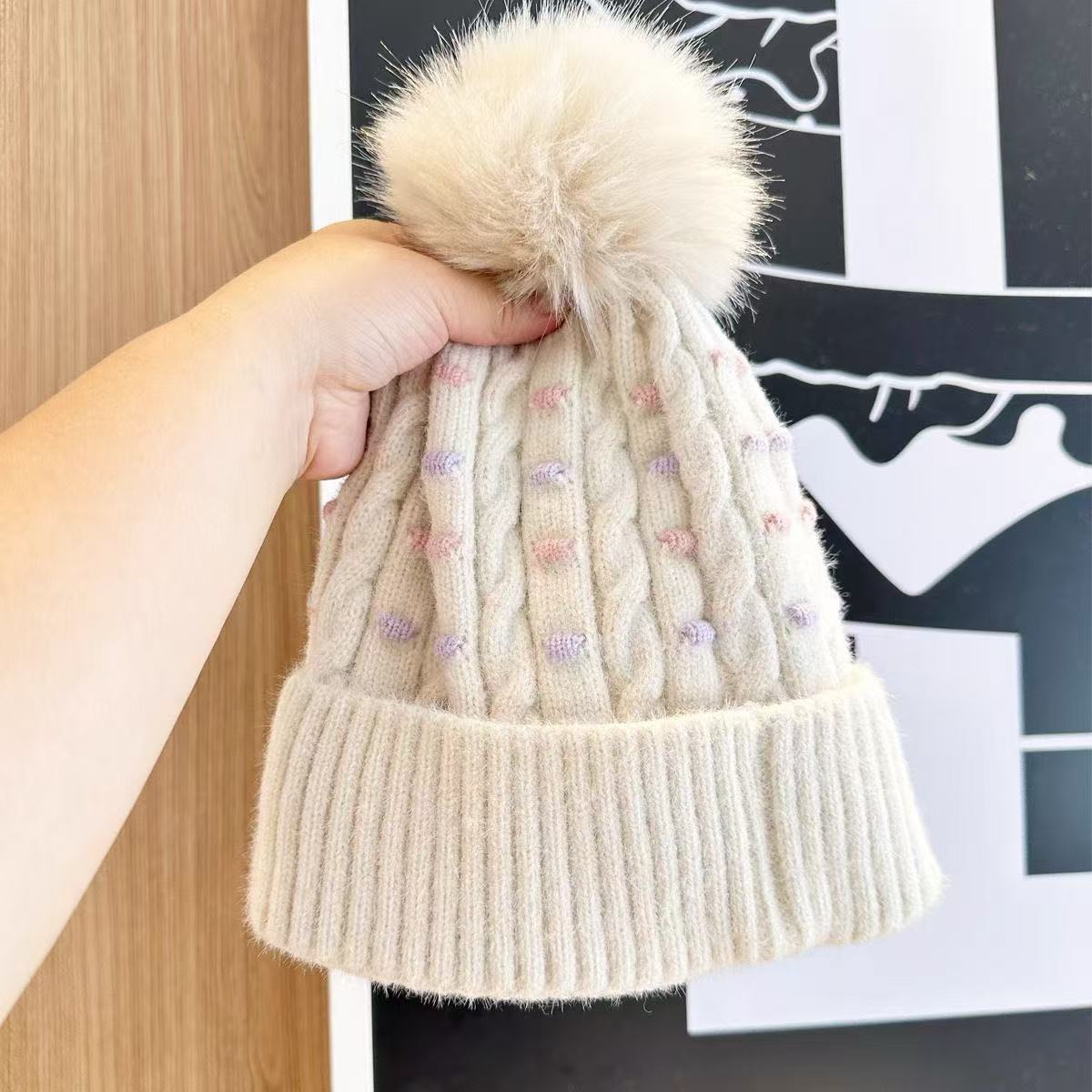 秋冬新款男女针织帽圆点提花毛线帽加绒加厚保暖潮流百搭冬天帽子