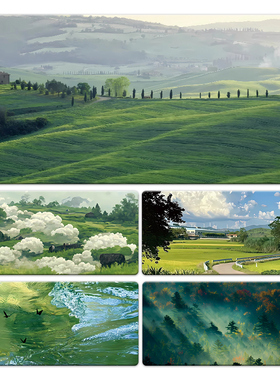 绿色鼠标垫超大号护眼绿植键盘垫子风景治愈系田野办公书桌垫护腕