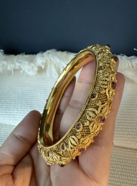 纯手工s925银花丝镶嵌老碧玺手镯三层精工拉丝