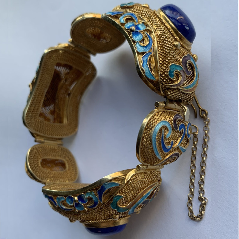 创汇时期七八十年代银花丝鎏金烧蓝镶嵌原矿阿富汗青金石手镯手链